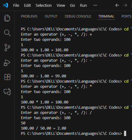 heySarvjeet's tweet image. ✅ Day 7 (Mini Project 1): Simple Calculator  
Built using switch-case.  
Performs +, -, ×, ÷ until exit.  
First small project completed! 🎉  
#MiniProject #CProjects #BuildInPublic #CodingMotivation #firstproject