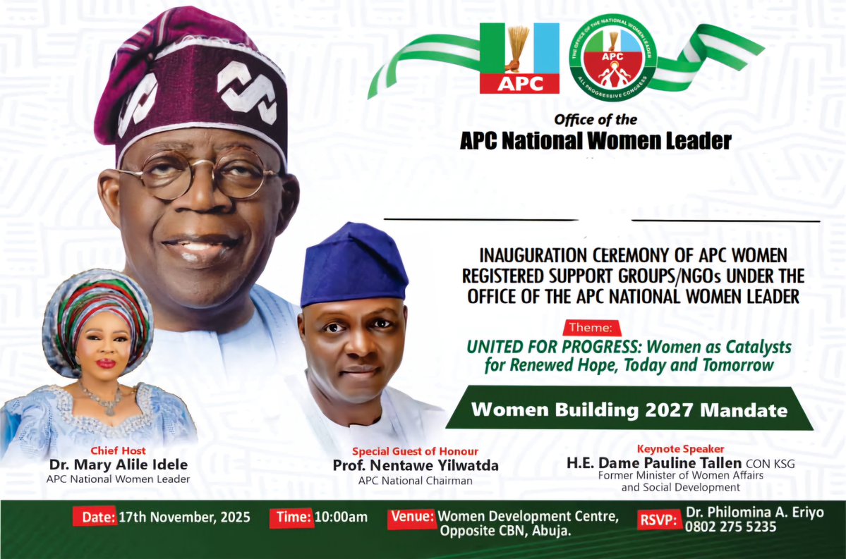 The APC National Women Leader, Dr. Mary Alile-Idele, on Monday in Abuja, inaugurated APC Women Registered Support Groups and NGOs, charging them to reinforce President Bola Tinubu’s Renewed Hope mandate across the country. The grand event was attended by top Party dignitaries.