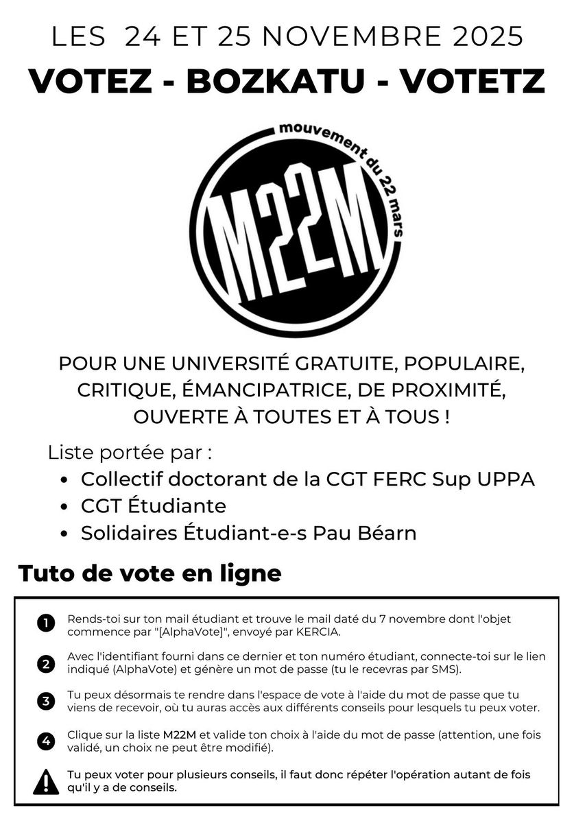 SamuelLegris's tweet photo. 🗳️ Lundi 24 et mardi 25 novembre, votons @M22M_UPPA_ à l'@universite_uppa ! https://t.co/6MVWkHh8cC
