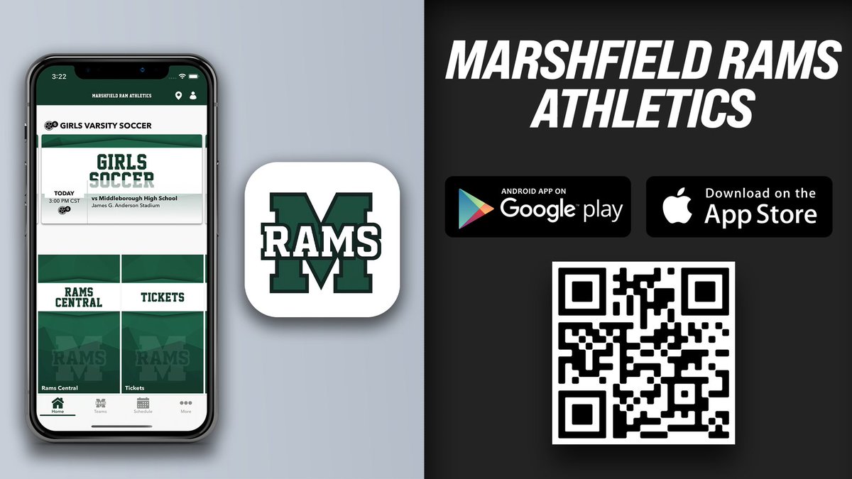 GORAMSathletics's tweet photo. We are excited to announce MHS Athletics has created an app with Snap! Mobile that has all of our resources in one spot for our fans to keep in the loop with their favorite teams!! Download using the QR Code below or searching "Marshfield Rams Athletics" in the app store. https://t.co/69zGHzhRxf