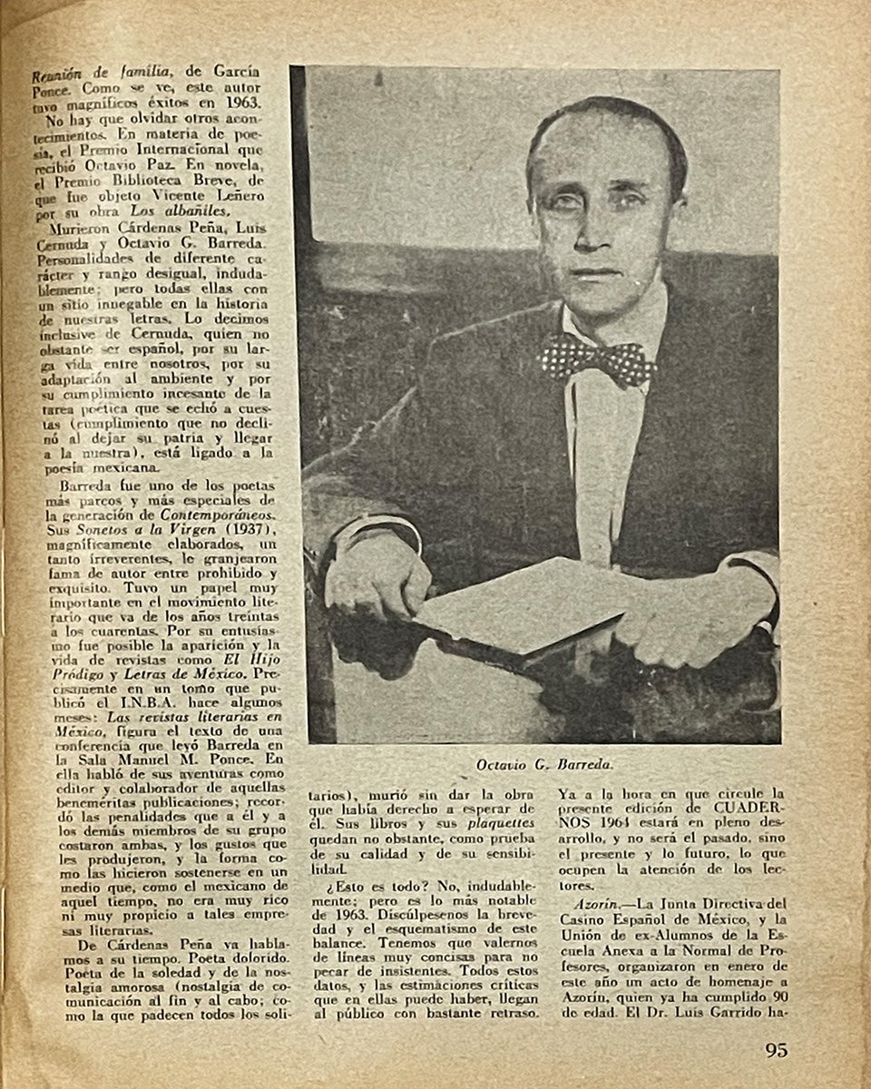 Octavio G. Barreda murió el 2 de enero de 1964. En la  “Vida cultural” de 𝘊𝘶𝘢𝘥𝘦𝘳𝘯𝘰𝘴 𝘥𝘦 𝘉𝘦𝘭𝘭𝘢𝘴 𝘈𝘳𝘵𝘦𝘴 2 (feb., 1964), se recordó al poeta y gran animador de revistas. En 𝘗é𝘯𝘥𝘰𝘭𝘢 te mostramos su trayectoria hemerográfica. pendola.mx/octavio-g-barr…
