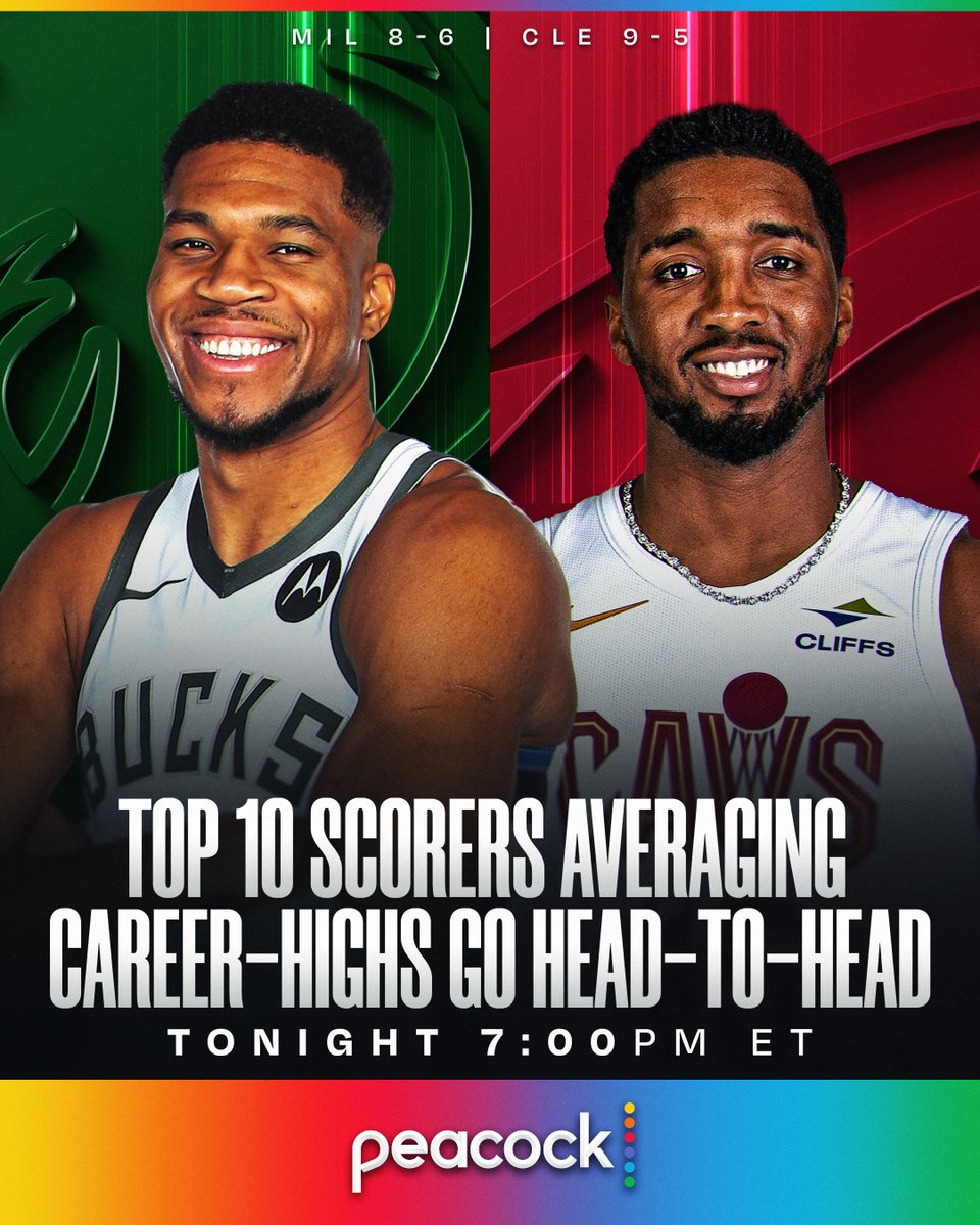 Career-high PPG showdown 🔥
Two top 10 scorers clash tonight as Giannis (32.6 PPG) and the Bucks visit Mitchell (30.4 PPG) and the Cavs!
📺 7:00pm/et, Peacock