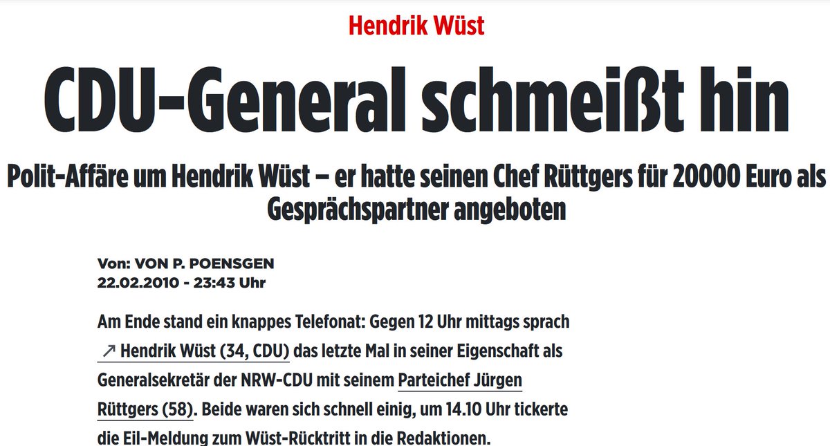 „Rent a Rüttgers”

2010 bot <a href="/HendrikWuest/">Hendrik Wüst</a> Gespräche mit seinem MP Jürgen Rüttgers für 20.000 Euro an. Als das aufflog, trat er zurück. Heute bietet Minister Wolfgang Weimer seine Kabinettskollegen für 80.000 Euro an. Herbe Inflation ...

Hintergrund: Der Korruptionsskandal 2010