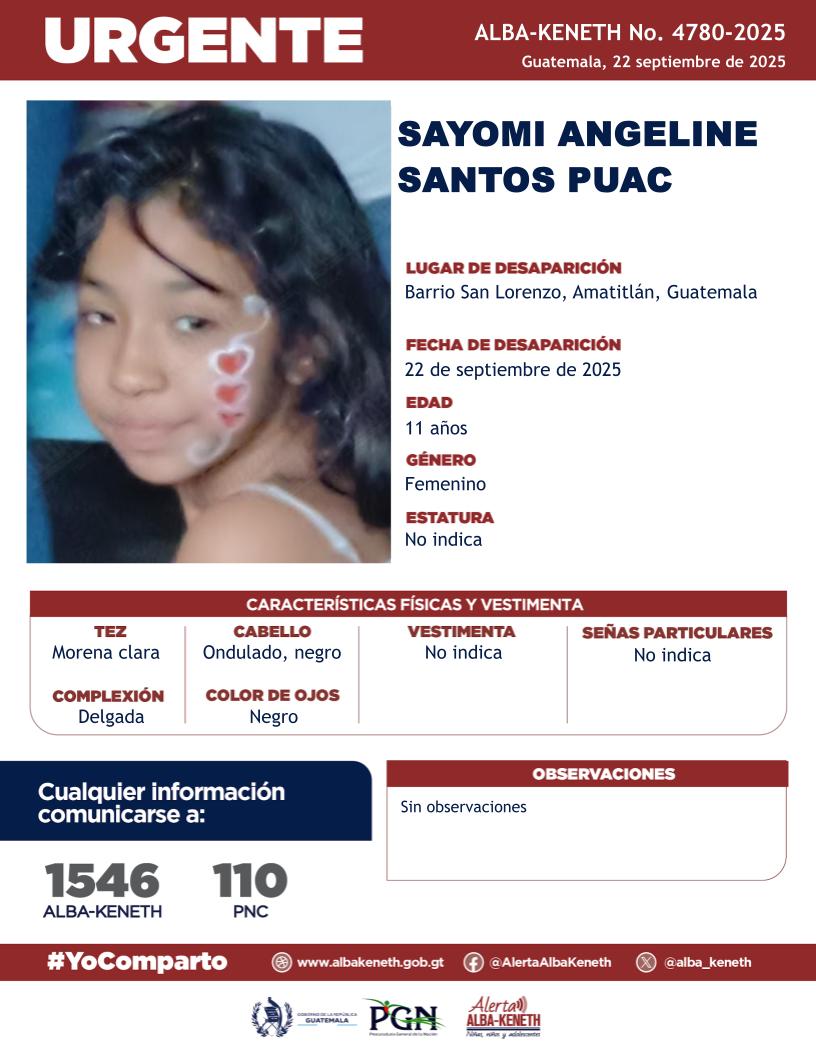 alba_keneth's tweet image. #AlertaAlbaKeneth⚠️| Sayomi Angeline Santos Puac de 11 años de edad. Desapareció el 22 de septiembre de 2025, en Barrio San Lorenzo, Amatitlán, Guatemala.

🔁Comparte y ayúdanos con su localización.
📞Si tienes información llama al 1546. #YoComparto