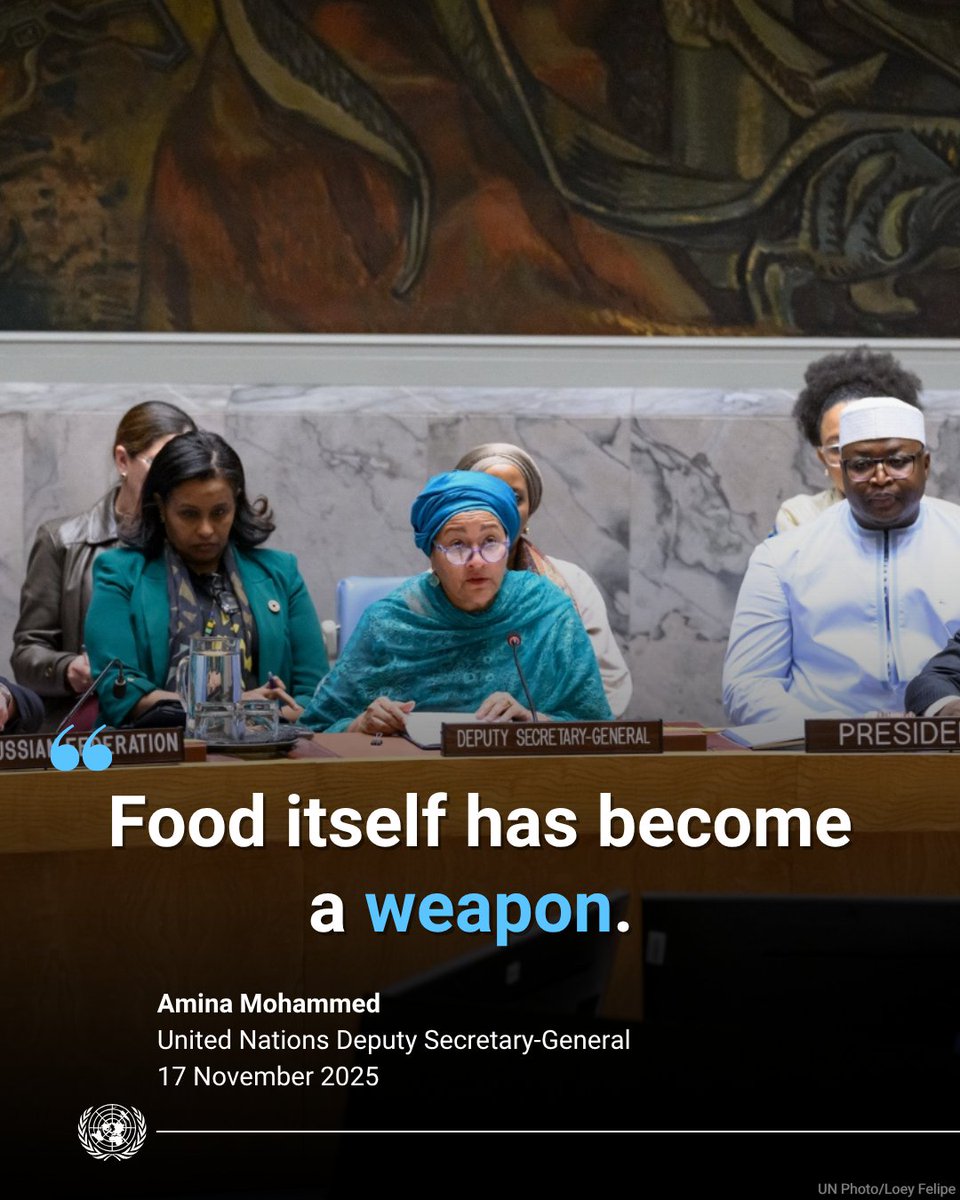 “There can be neither peace where people are starving, nor security where hunger drives conflict.”

Condemning the use of food as a weapon, <a href="/AminaJMohammed/">Amina J Mohammed</a> urges Security Council to act as millions are trapped in a vicious cycle of hunger &amp; insecurity. 
un.org/sg/en/content/…