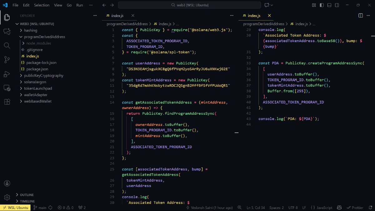 _vedansh_saini's tweet image. 🚀 Day 56/100 of #100DaysOfCode
Web3 with @kirat_tw 🔥

✅ Program Derived Addresses (PDA)
 → PDA&apos;s basics 
 → Account derivation 
 → Security model
 → Seeds + Bump workflow
 → Why they don&apos;t require private keys

#Web3 #NodeJS #buildinpublic #Blockchain #Solana #grindnation