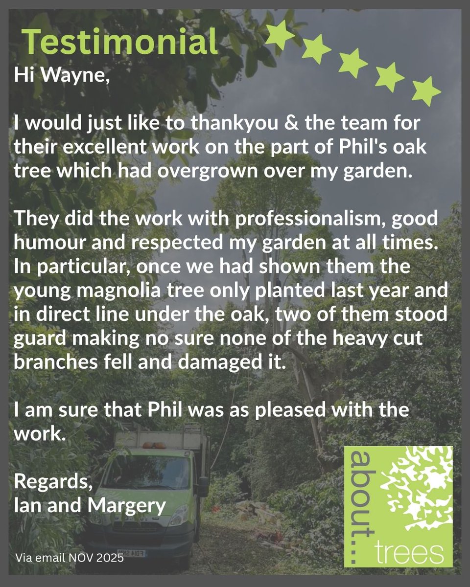 abouttrees's tweet image. Love hearing feedback like this 👇

“Professional, good-humoured &amp;amp; respectful… they even protected our young magnolia while working on a large oak.”

Big thanks to Ian &amp;amp; Margery for the kind words 🌳

bit.ly/3BVCsYT 

#Kent #Canterbury #TreeCare #Arborist
