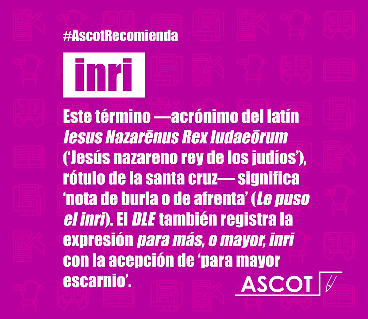 Ejemplos tomados de X: «¡La gran paradoja, para más inri: solo Noruega e Inglaterra suman más puntos que Italia!»; «Es que, para más inri, no es periodista. Su única titulación es bachillerato superior». #AscotRecomienda #Inri #ParaMásInri