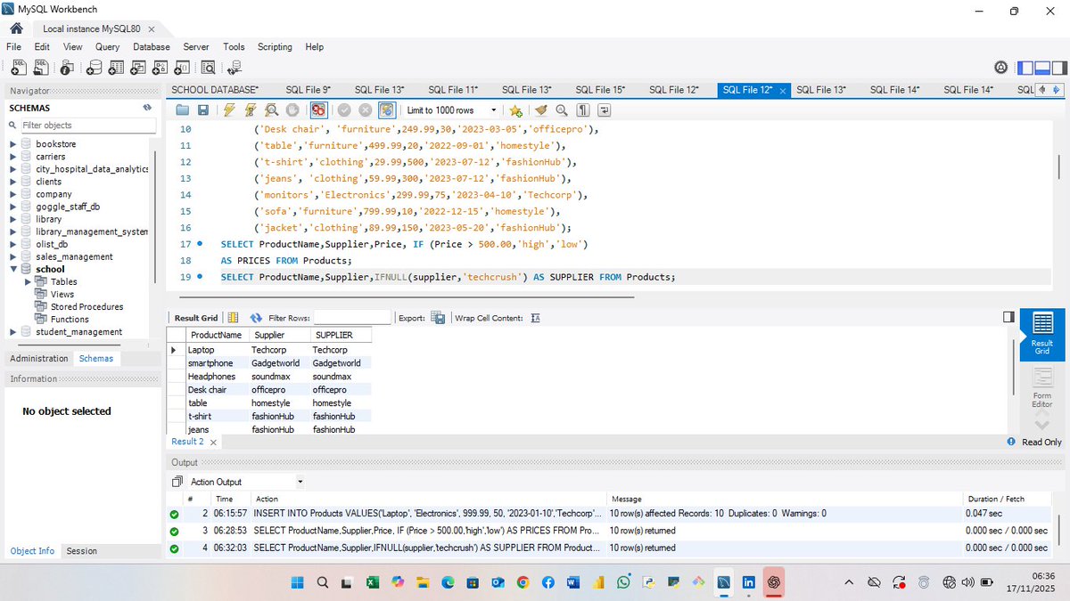 Etty_official's tweet image. Day 49/100 of my SQL learning journey...
Today, I focused on learning IF and IFNULL in SQL. As I was practicing, I couldn’t help but notice the similarity between IFNULL and COALESCE, which I had learnt earlier same as IF and CASE WHEN......
#100DaysOfSQL  #LearningInPublic