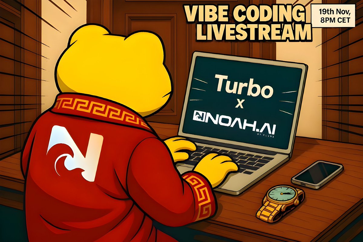 TurboToadToken's tweet image. Live on 19 Nov, 8PM CET: $TURBO x @TryNoahAI Vibe Coding 🐸💻

Watch a full Turbo-inspired app being built onchain! Simple, fast, and fun