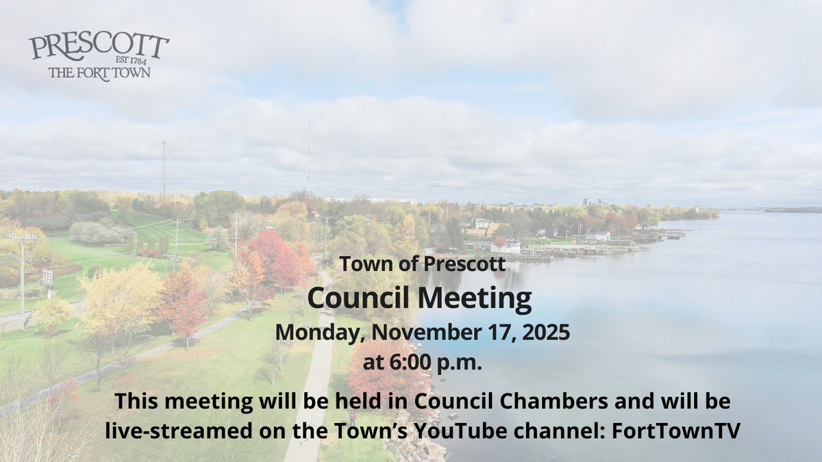 TownofPrescott's tweet photo. There will be a  Council Meeting  held on Monday November 17, 2025, at 6:00 p.m.
This meeting will be held in Council Chambers and live-streamed on the Town's YouTube channel: https://t.co/StYGnMZfXo
The agenda can be viewed on our website: https://t.co/RKMoUdDohn https://t.co/iWDrx3sKrS