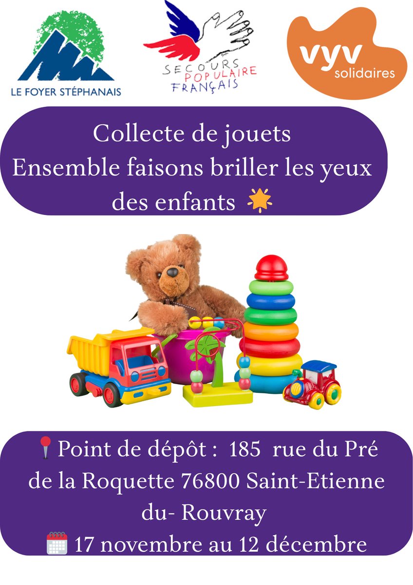 🎄<a href="/LFStephanais/">Le Foyer Stephanais</a> organise une collecte de jouets neufs ou en bon état au profit du Secours Populaire de Saint-Étienne-du-Rouvray.
🚂 Vous pouvez apporter vos dons dans nos points d'accueil ou au siège social du Foyer Stéphanais
Jusqu'au 12 décembre. 
<a href="/Groupe_VYV/">Groupe VYV</a>