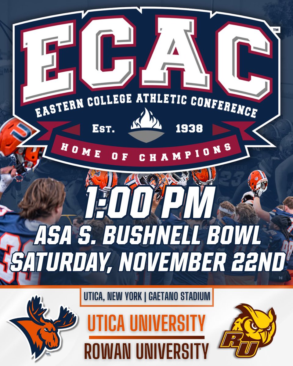 Utica_Pioneers's tweet photo. SEE U SATURDAY 🏈 🫎 🔜

The Pioneers have been selected to host their FIRST EVER postseason game. They will take on Rowan University in this year’s Ada S. Bushnell Bowl!

Tickets will be normal pricing.

#FearTheMoose #GoPioneers #D3FB #Empire8 https://t.co/fPacFaTLtV