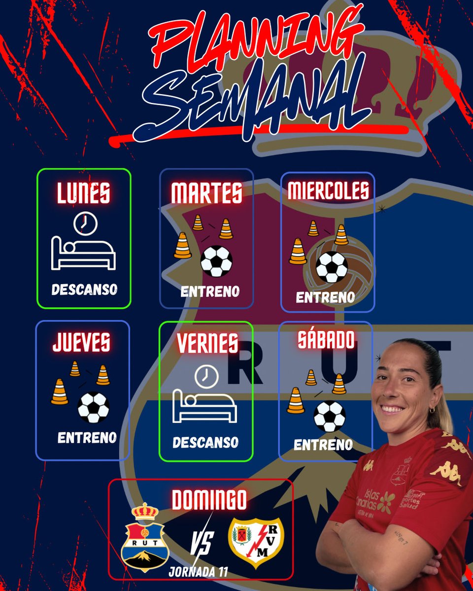 📝 PLANNING SEMANAL.

🏃 Entrenamientos:
▪️ Martes
▪️ Miércoles
▪️ Jueves
▪️ Sábado

⚽️ DÍA DE PARTIDO: Domingo

⚔️ Rival: @rayofemenino

❤️💙 ¡A POR UNA NUEVA SEMANA, ARRIBA UNIÓN! ❤️💙