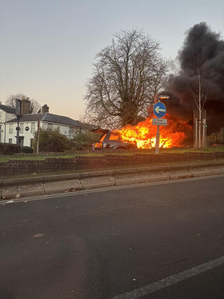 MAIDSTONE: A Range Rover caught fire on Stacey’s Street near the Miller &amp; Carter pub around 4.10pm this afternoon. Photo: Louisa Scopel.