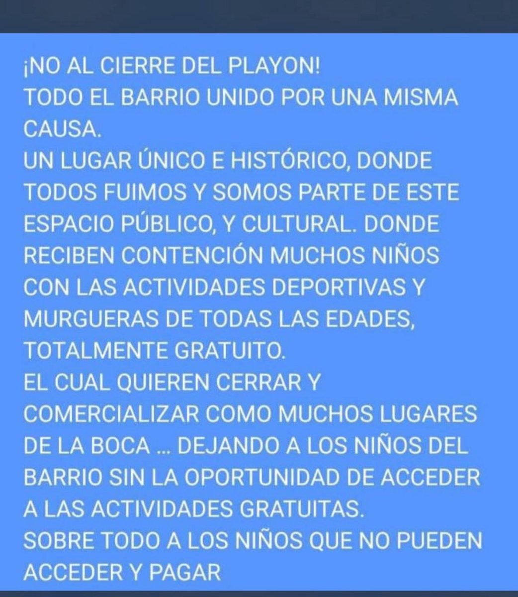 PampaAranda's tweet image. Mi total solidaridad con los Papás y chicos del famoso #PlayonInfantil del Barrio de la #Boca . Lo quieren cerrar para hacer negocios 
En dicho Lugar desde hace mucho tiempo se realizan actividades deportivas para los chicos del Barrio y alrededores 
#NOALCIERREDELPLAYON