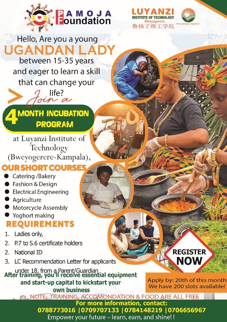Lubwama2013's tweet image. Are you a young Ugandan lady (15–35) ready to gain a life-changing skill?
Join the 4-Month Free Incubation Program at Luyanzi Institute of Technology
Training, 
Your future starts NOW. 💛#GoldenPosts
#GirlChildEmpowerment #PamojaFoundation #SkillsForLife #WomenInSkills