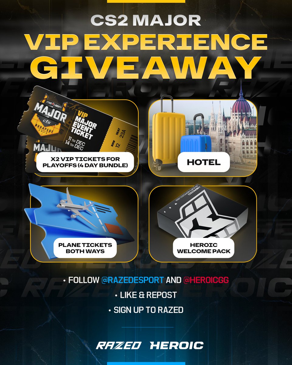 🚨CS2 Major VIP Experience Giveaway! 🎫

To enter:
- Follow <a href="/RazedEsport/">Razed Esports</a> &amp; <a href="/heroicgg/">HEROIC</a>
- Like &amp; Repost
- Sign up to Razed using the link below!