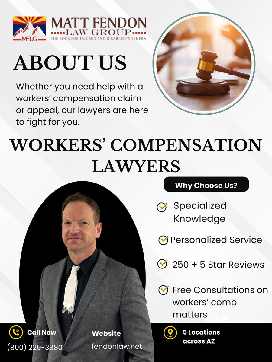 MFendonLawGroup's tweet image. Click on the link below for a free guide provided by Attorney Matt Fendon, Board-Certified Workers’ Compensation Specialist and founder of Matt Fendon Law Group.⬇️

fendonlaw.net/free-guide/

#MFLG #ClientFirst #LegalExcellence #AZWorkersComp #AZAttorneys #MattFendonLawGroup