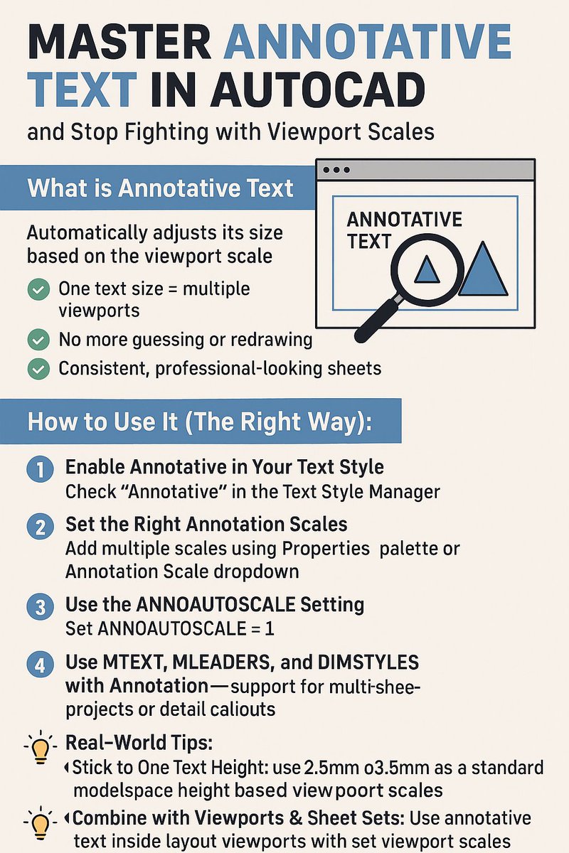 cadintentions's tweet image. Understanding Annotative Text in AutoCAD (and Stop Fighting with Viewport Scales)

#AutoCADTips #AnnotativeText #CADProductivity #DraftingBasics

If you’ve ever had text in AutoCAD show up way too small in one viewport and giant in another...
Or you’ve manually resized labels…