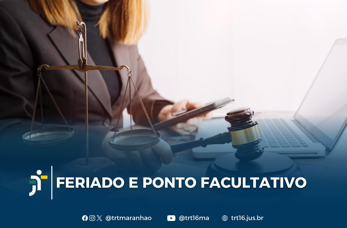 Justiça do Trabalho no Maranhão suspende atividades no feriado do Dia Nacional de Zumbi e da Consciência Negra (20/11) e mantém ponto facultativo (21/11): trt16.jus.br/noticias/justi… 
#Feriado #DiadaConsciênciaNegra #VarasdoTrabalho #JustiçadoTrabalho #SouTRT16 #TRTMA
