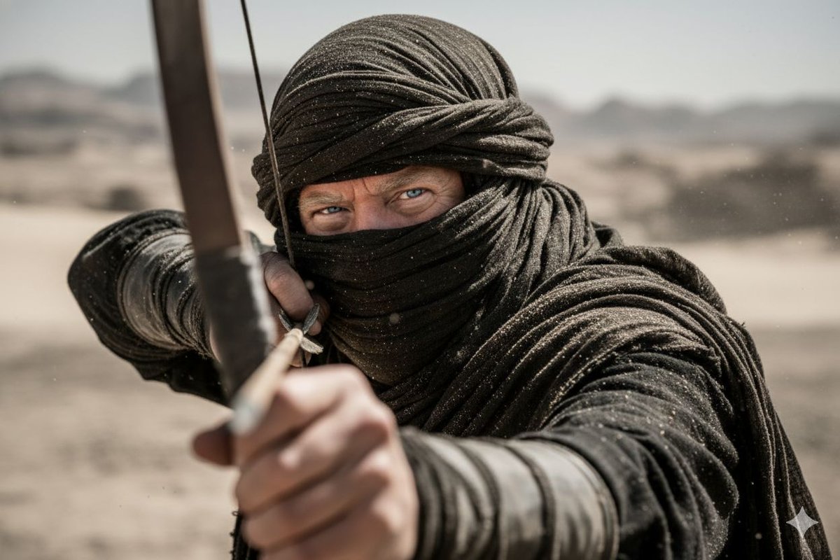 NanoBanana_labs's tweet photo. 🚨 🏜️🐪 SEE YOURSELF AS A DESERT WARRIOR ARCHER JUST LIKE THIS. 🏹🔥🌵

Copy the prompt below and create your own photo like this 🫵

Bookmark 🔖 this now.

Below pictures are of:
@realDonaldTrump, @elonmusk, @ishowspeedsuii

How to:
1. Open Gemini app
2. Click create image and upload your photo 
3. Copy and Paste the prompt below on      
    "Describe your image" section 
4. Click Generate button 
5. See the magic 🪄 

Follow @NanoBanana_labs for daily AI glow-ups & viral prompts 🚀 . Power of artificial intelligence, discover with nano banana

Prompt 👇
A hyper-realistic cinematic portrait of a desert warrior attached in the uploaded reference image ( Keep the face of the person 100% accurate from the reference image ) archer aiming an arrow directly toward the camera. The subject is wrapped in dark, weathered cloth with layered desert garments, only their intense blue eyes visible through the fabric. Fine sand and dust particles cling to the textured cloth. The expression is fierce and focused, brows furrowed, conveying tension and precision. Shot with a shallow depth of field, the bow and arrow in the foreground are blurred while the eyes are razor-sharp. Lighting is harsh desert sunlight, creating high contrast and dramatic shadows. The color palette is muted—grays, dark fabrics, and sun-bleached tones. Ultra-detailed skin texture, cinematic grading, 85mm lens, f/1.4, high-resolution, gritty, dramatic atmosphere, action-ready, epic warrior aesthetic.