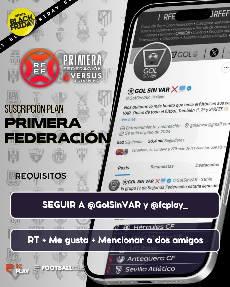 🎁 𝗦𝗢𝗥𝗧𝗘𝗢 𝗘𝗦𝗣𝗘𝗖𝗜𝗔𝗟 𝗣𝗥𝗜𝗠𝗘𝗥𝗔 𝗙𝗘𝗗𝗘𝗥𝗔𝗖𝗜𝗢́𝗡 𝗕𝗟𝗔𝗖𝗞 𝗙𝗥𝗜𝗗𝗔𝗬

📺 Plan de temporada de @fcplay_ junto a <a href="/GolSinVAR/">⚽GOL SIN VAR ❌🖥️</a>

✍️ 𝗥𝗘𝗤𝗨𝗜𝗦𝗜𝗧𝗢𝗦:

1️⃣ Like❤️ y RT 🔃
2⃣ Seguir a @fcplay_ y <a href="/GolSinVAR/">⚽GOL SIN VAR ❌🖥️</a>
3⃣ Menciona a dos amigos en comentarios