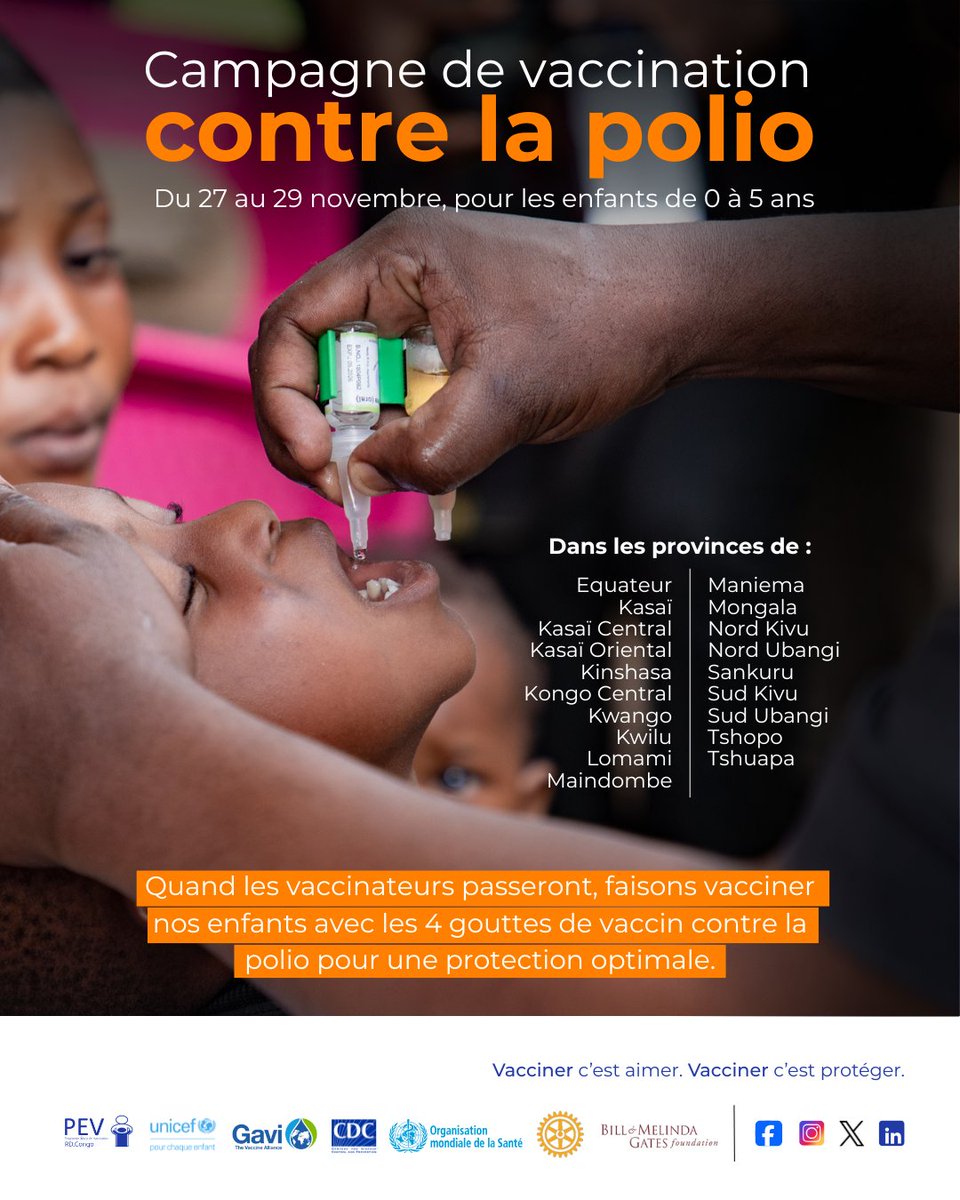 🎉 Bonne nouvelle pour les enfants de la RDC : nous sommes à la dernière ligne droite pour éradiquer la polio dans nos communautés. 

Pour renforcer encore plus l’immunité de nos enfants, le Ministère de la Santé organise, du 27 au 29 novembre 2025, une grande campagne de
