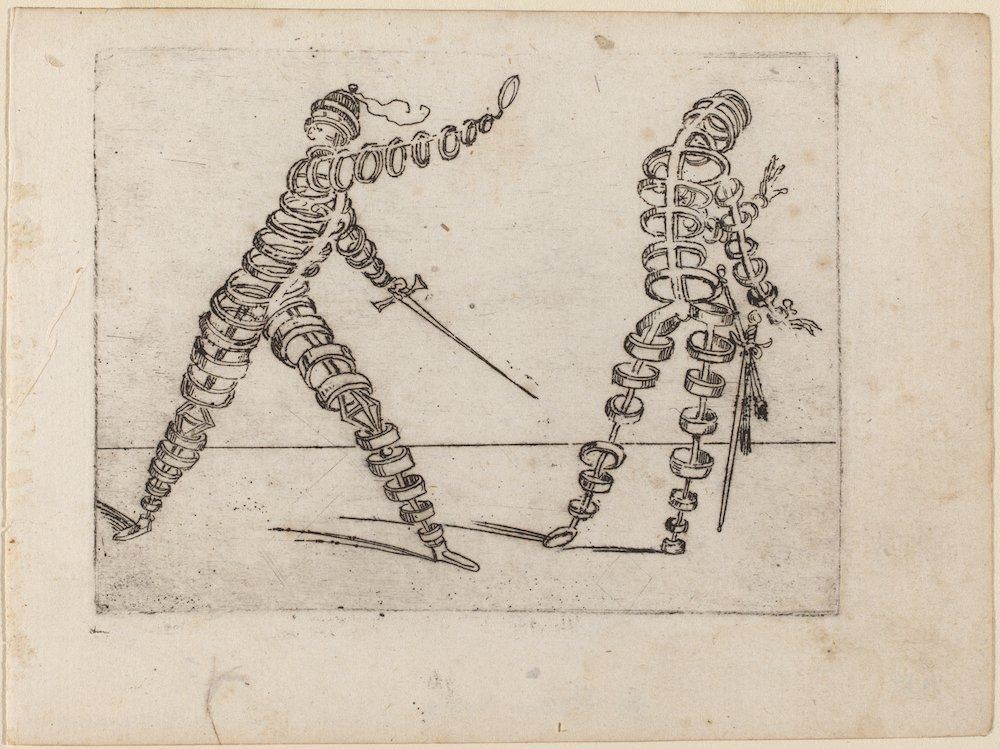 Centuries ahead of its time, Giovanni Battista Bracelli's "Bizzarie di Varie Figure" (1624) depicts figures made from a range of objects, mostly abstract — cubes, rings, squares — but also such things as rackets, screws, and braided hair.

More here: publicdomainreview.org/collection/bra…
