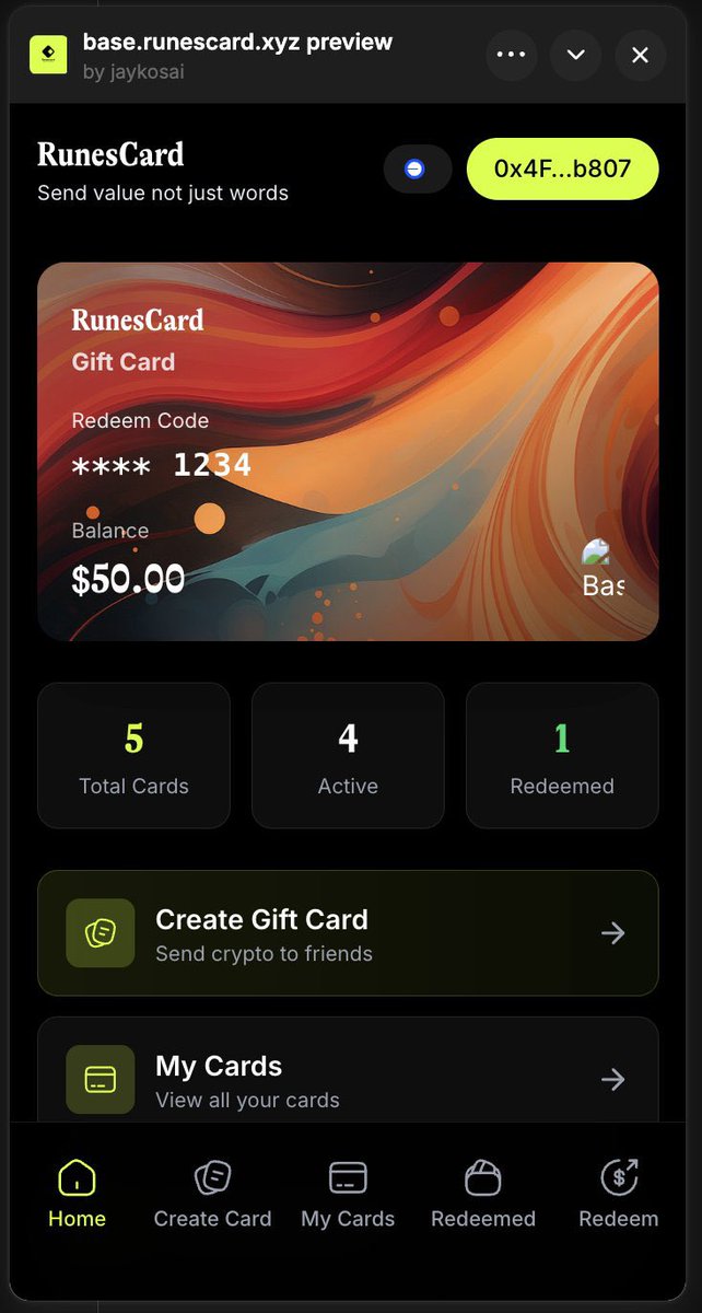 <a href="/runes_card/">Runescard</a> is now on Farcaster.
Mini-apps on @Base are the future, and we’re building right at the center of it.
Follow us as we ship, refine, and bring on-chain gifting to life.