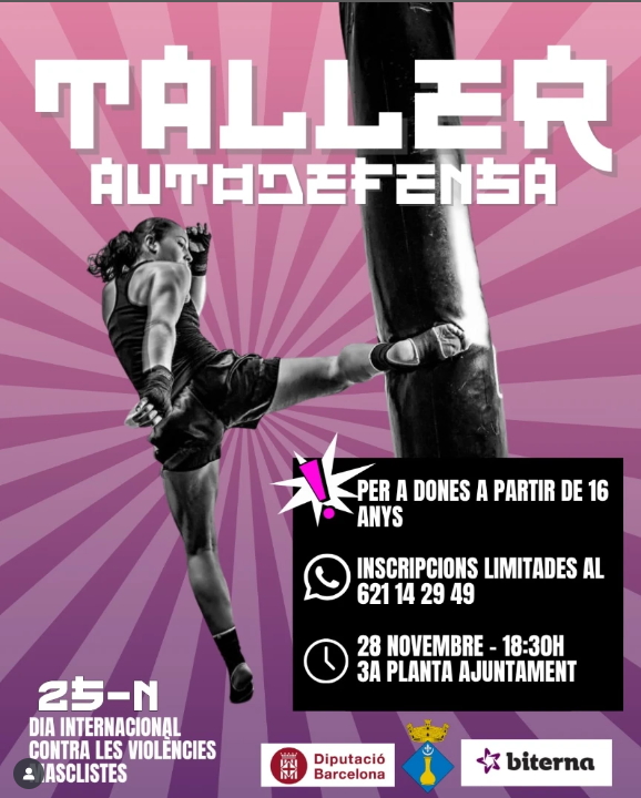 💪 Taller d’Autodefensa per a dones! 💪 Amb motiu del 25N

📅 28 de novembre
🕠 18:30 h
📍 3a planta Ajuntament
👩‍🦰 Per a dones a partir de 16 anys
📲 Inscripcions limitades al 621 14 29 49

#PladelPenedès