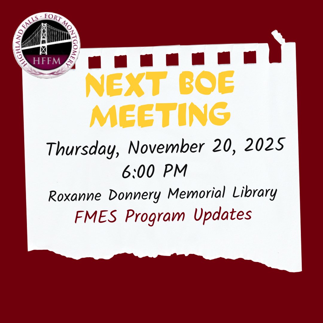 HFFMCSD's tweet image. 📣 Reminder: Board of Education Meeting
🗓 Thursday, November 20, 2025
⏰ 6:00 PM
📍 Roxanne Donnery Memorial Library at #JIO

We encourage all families to attend and stay informed about the exciting developments at #FMES. Your participation helps strengthen our #HFFMCSD #BOE