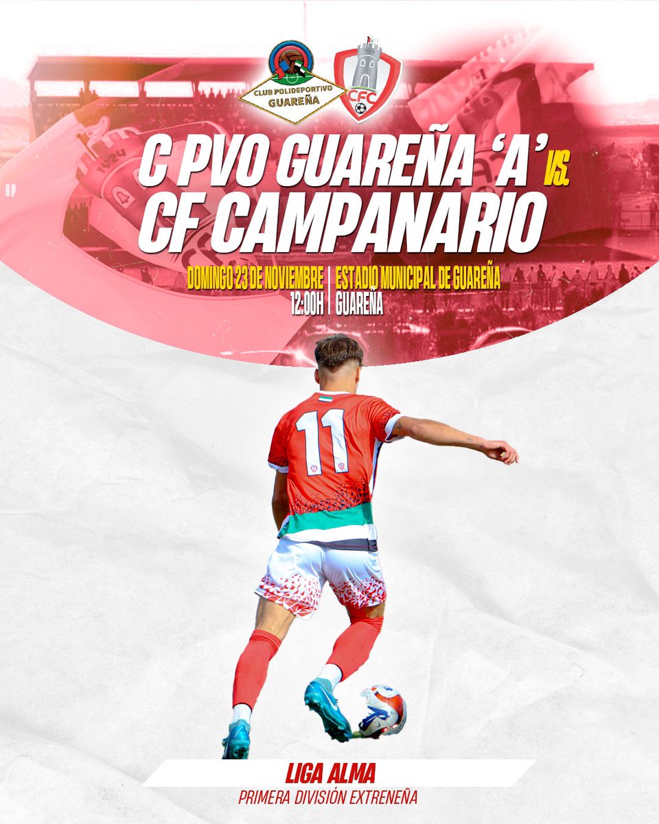 JORNADA 9 | LIGA ALMA

📍 Estadio Municipal de Guareña 
📅 Domingo, 23 de Noviembre
🕛 12:00H
🆚 CPVO Guareña

#vamoscampa🔴🔴