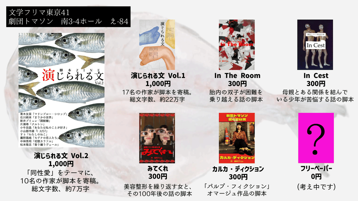 ThomassonTroupe's tweet image. 【お品書き】
脚本を販売します！

演劇に携わっていないと、舞台脚本を読む機会は訪れないと思います。そんなあなたに立ち読んで欲しいです❣
(あわよくば買ってください)

フリーペーパーは考え中です🤔

#演じられる文
#劇団トマソン
#文学フリマ東京
#文学フリマ東京41