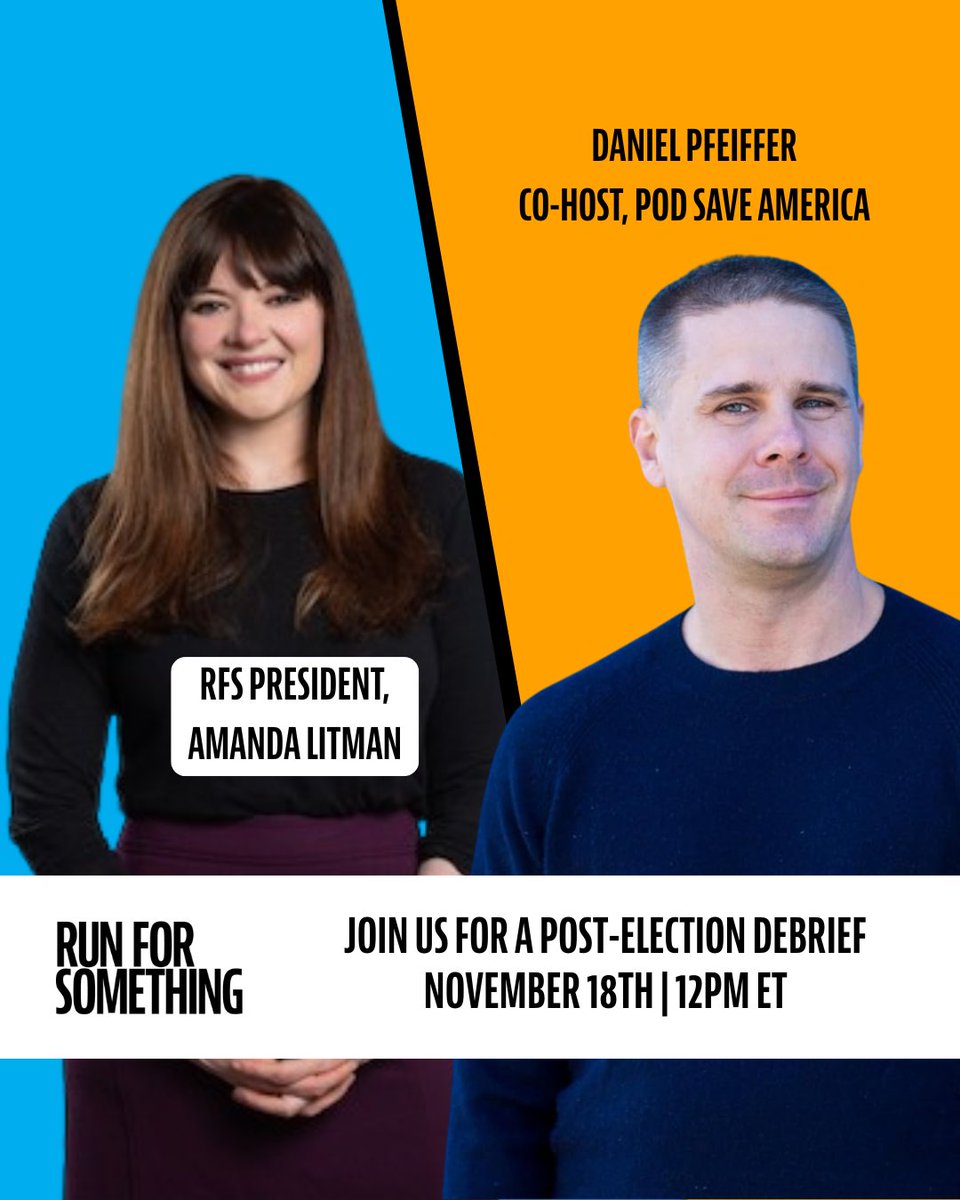 runforsomething's tweet image. Now that the election chaos has settled, RFS president @AmandaLitman and @danpfeiffer are spilling the tea. Pull up on Nov. 18 at 12pm ET and find out what actually went down in 2025.

Register → bit.ly/4oH52R3