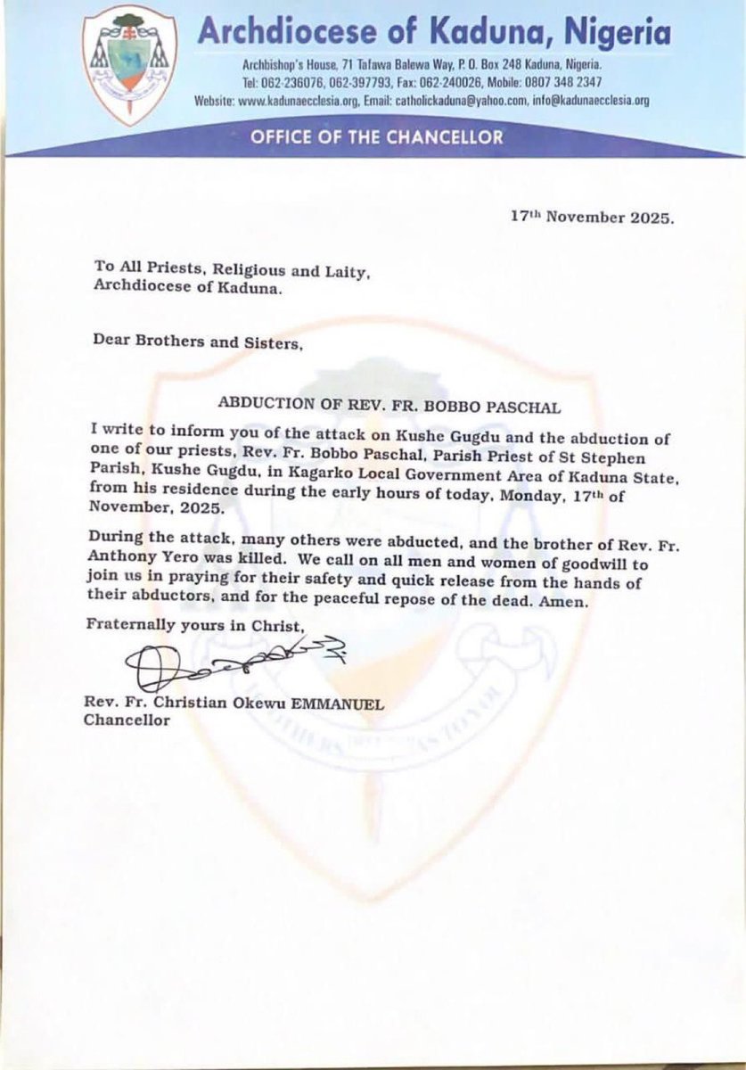 Another Reverend Farher abducted by Islamic terrorists in Kaduna

Reverend Father Bobbi Paschal, Parish Priest of Saint Stephen Paris, Kushe Gugdu, Kagarko LGA, Kaduna State was abducted in the early hours of Monday November 17th 2025