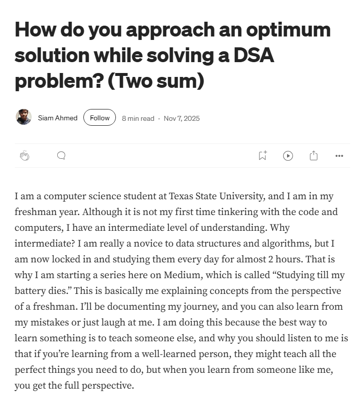 MoniTechCodes's tweet image. #30NitesOfCode Day 105
Java — Strings Recap Challenge ✔️
DSA — Read an article on approaching optimal solutions in problem-solving (Two Sum) by Siam Ahmed. 
#100DaysOfCode #Java #DSA #ProblemSolving #CodingJourney #LearnInPublic 
codedex.io/community/30-n…