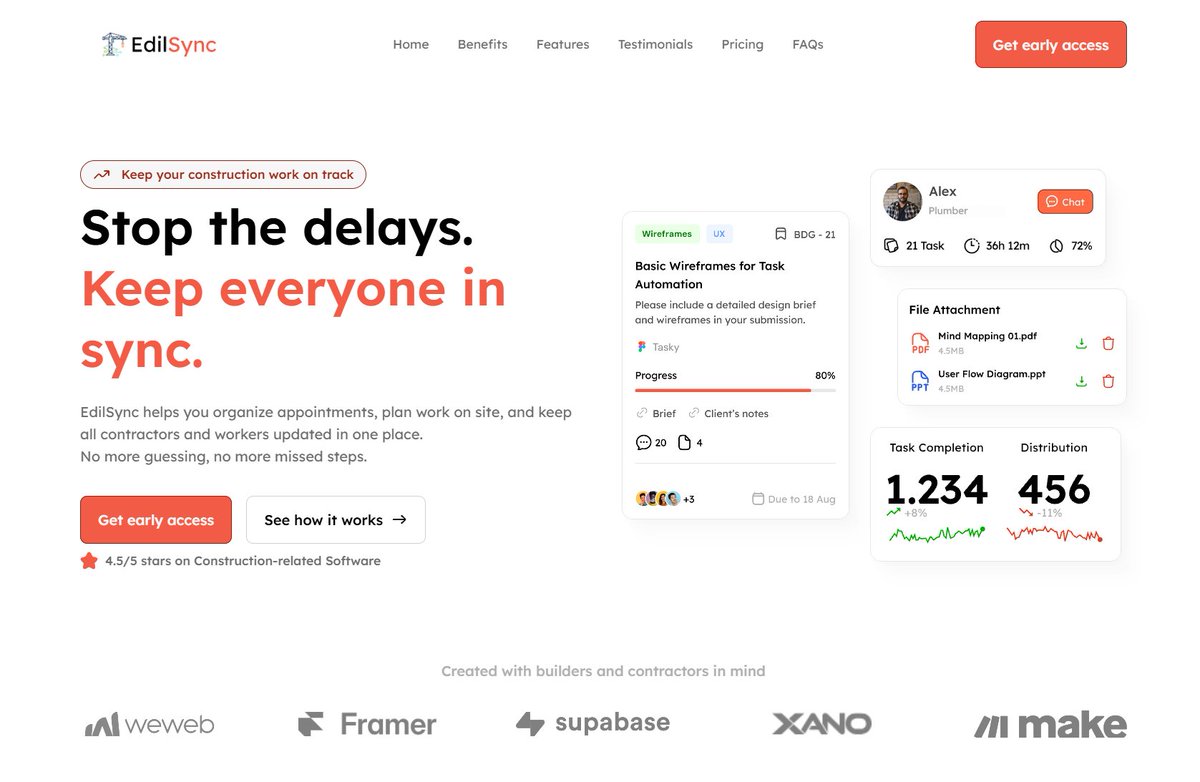 commerce_code's tweet image. Almost done with the landing page for EdilSync, a tool I’m building to make coordination in construction projects way less painful (contractors, artisans, homeowners all in sync).
If you have feedback, ideas, or want to work together on this, I’d love to hear from you! 😉…