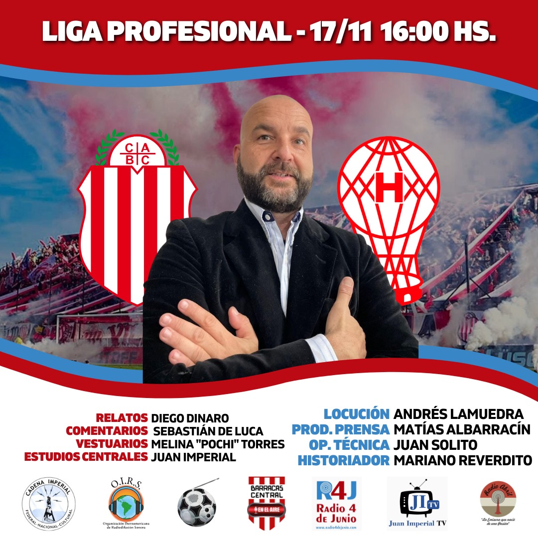 📌 @fpdelosarg - @barracasaire
⏰ 16:00
⚽️ <a href="/barracascentral/">Club Atlético Barracas Central</a> 🆚 <a href="/CAHuracan/">CA Huracán</a> 
🏆 <a href="/LigaAFA/">Liga Profesional de Fútbol</a>
🗣️ <a href="/MatoAlbarracin/">Matías Albarracín 🇦🇷</a>
🎙️ Sebastian De Luca
🎤 "Meli" Torres
📻 <a href="/radio4dejunio/">R4j Radio 4 de Junio</a>, <a href="/juanimperialtv/">Juan Imperial TV</a>, @CadenaImperial y <a href="/oirsarg/">O.I.R.S.</a>
💻 radio4dejunio.com - youtube.com/@JuanImperialtv