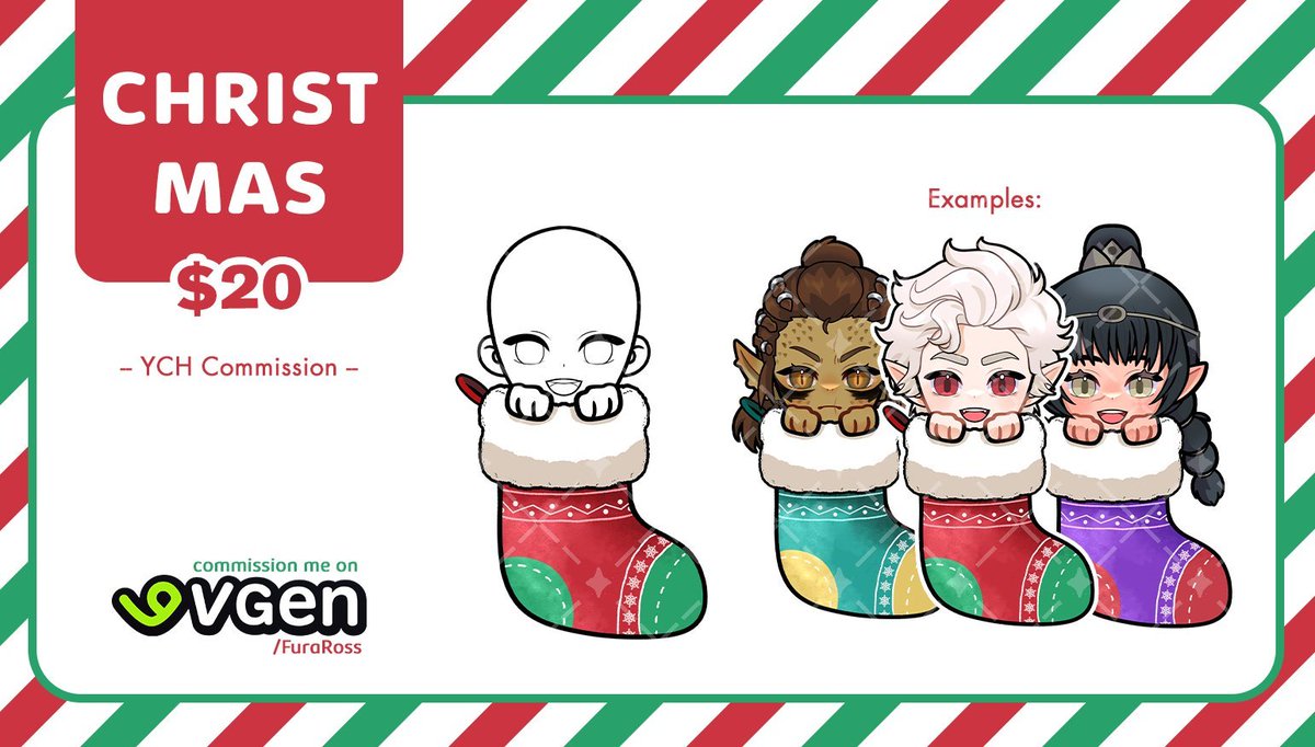 FuraRossArt's tweet image. 🎄Christmas Stockings YCH 🎄
✦ Only 10 Slots  
✦ $20 USD  
✦Open until DEC 15th  

[🔃,💜= 🛐]
•┈••✦ ☽ ✦••┈•
#VGenOpen #VGen @_VGen_