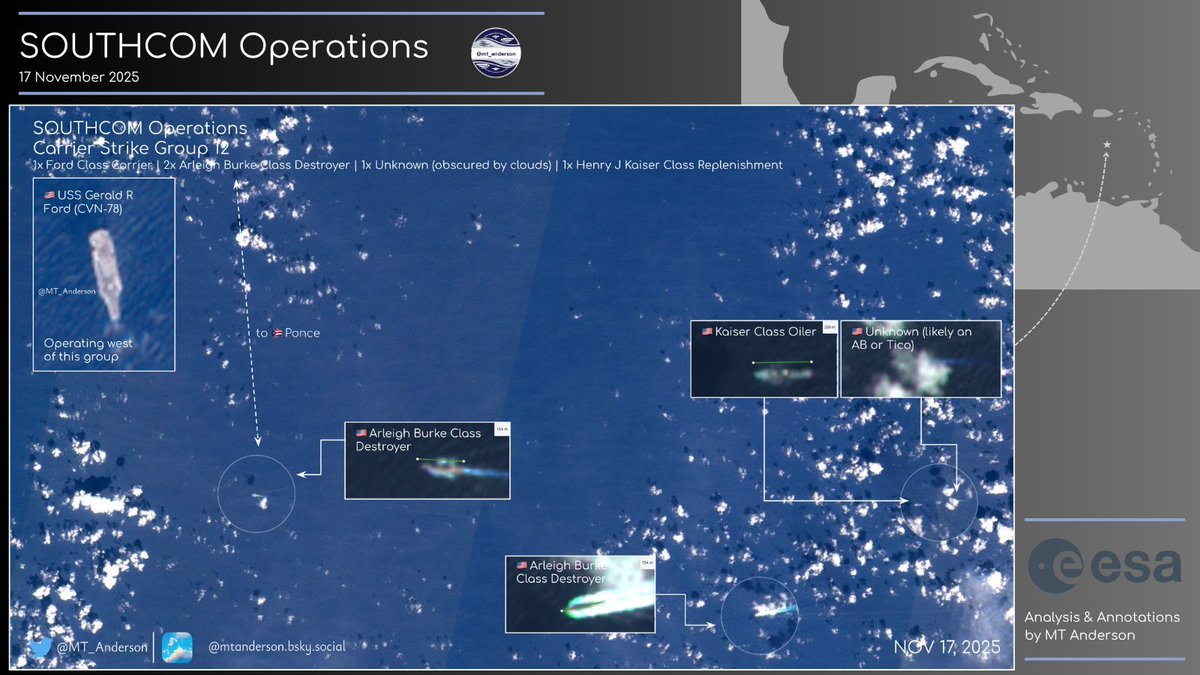 SA_Defensa's tweet image. 📍Caribbean Sea

I had spotted the @USNavy (🇺🇸) DDGs and UNREP prior to Ford, however @MT_Anderson made this beautiful map that far exceeds what I could make and displays it so much better!