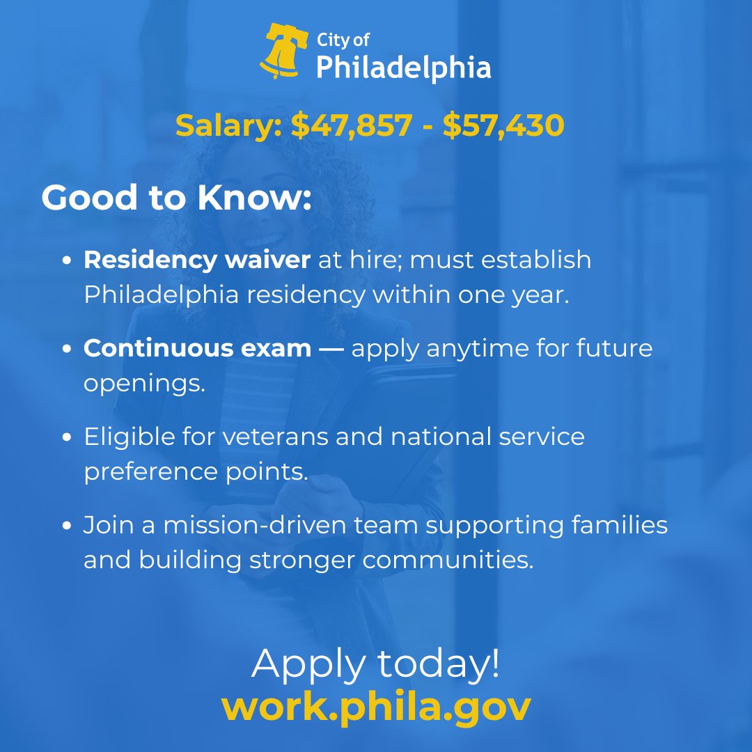 PhilaOHR's tweet image. Start a career that helps families and strengthens Philly communities.

@PhiladelphiaDHS is hiring Bilingual Social Work Services Trainees — apply today at work.phila.gov.

#PhillyJobs #SocialWork #Bilingual #PublicService