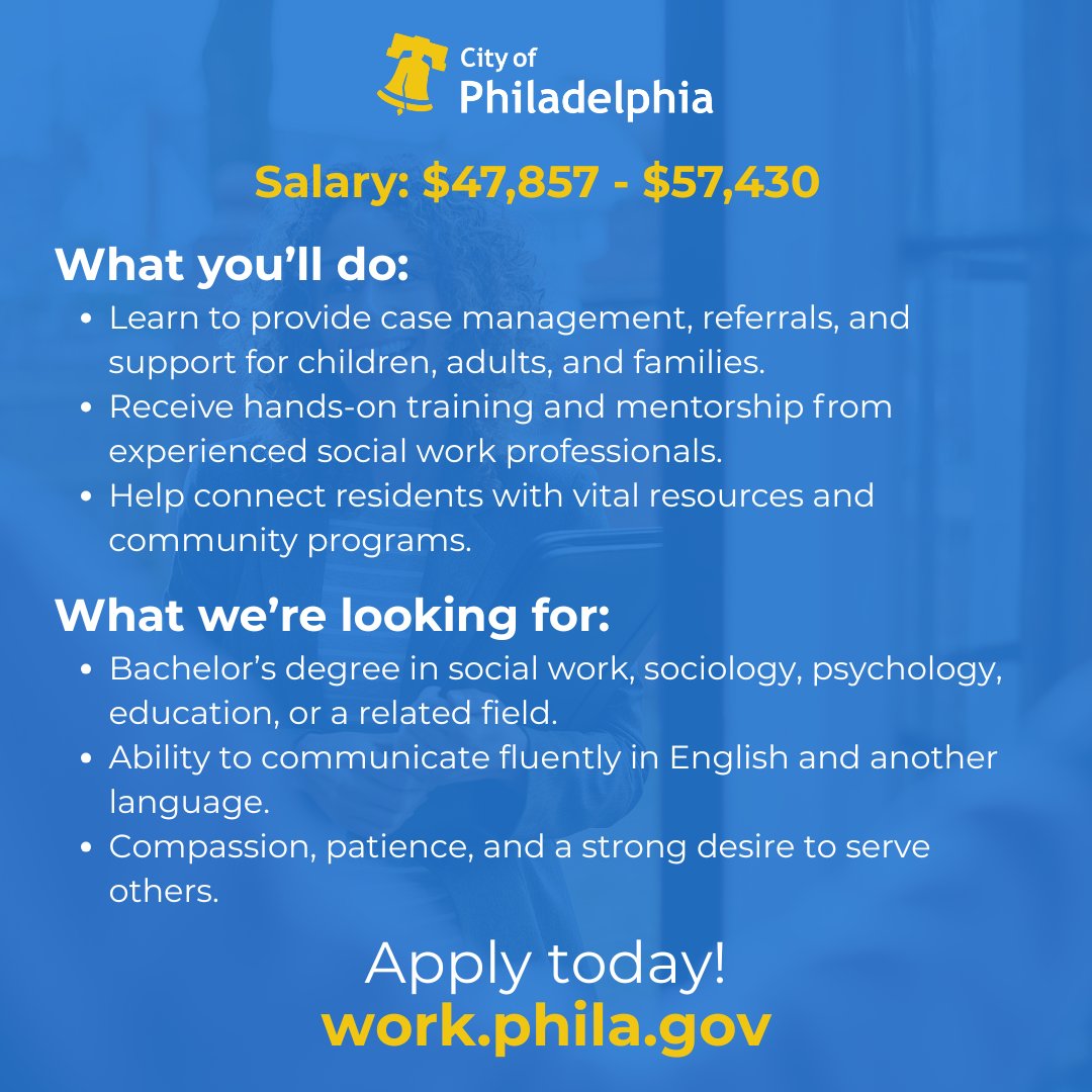 PhilaOHR's tweet image. Start a career that helps families and strengthens Philly communities.

@PhiladelphiaDHS is hiring Bilingual Social Work Services Trainees — apply today at work.phila.gov.

#PhillyJobs #SocialWork #Bilingual #PublicService