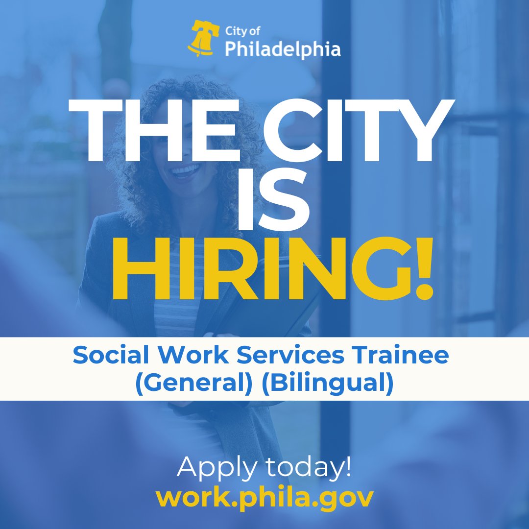 PhilaOHR's tweet image. Start a career that helps families and strengthens Philly communities.

@PhiladelphiaDHS is hiring Bilingual Social Work Services Trainees — apply today at work.phila.gov.

#PhillyJobs #SocialWork #Bilingual #PublicService