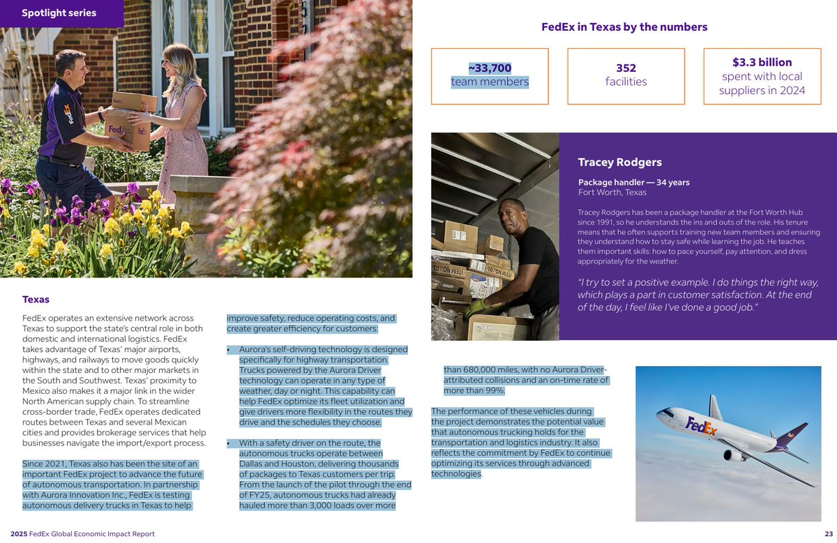 $AUR getting a serious nod from FedEx in their 2025 Global Impact Report. FedEx highlights that since 2021 they have been testing autonomous delivery trucks in Texas with Aurora, running Dallas to Houston and delivering thousands of packages per trip. They point out that Aurora’s