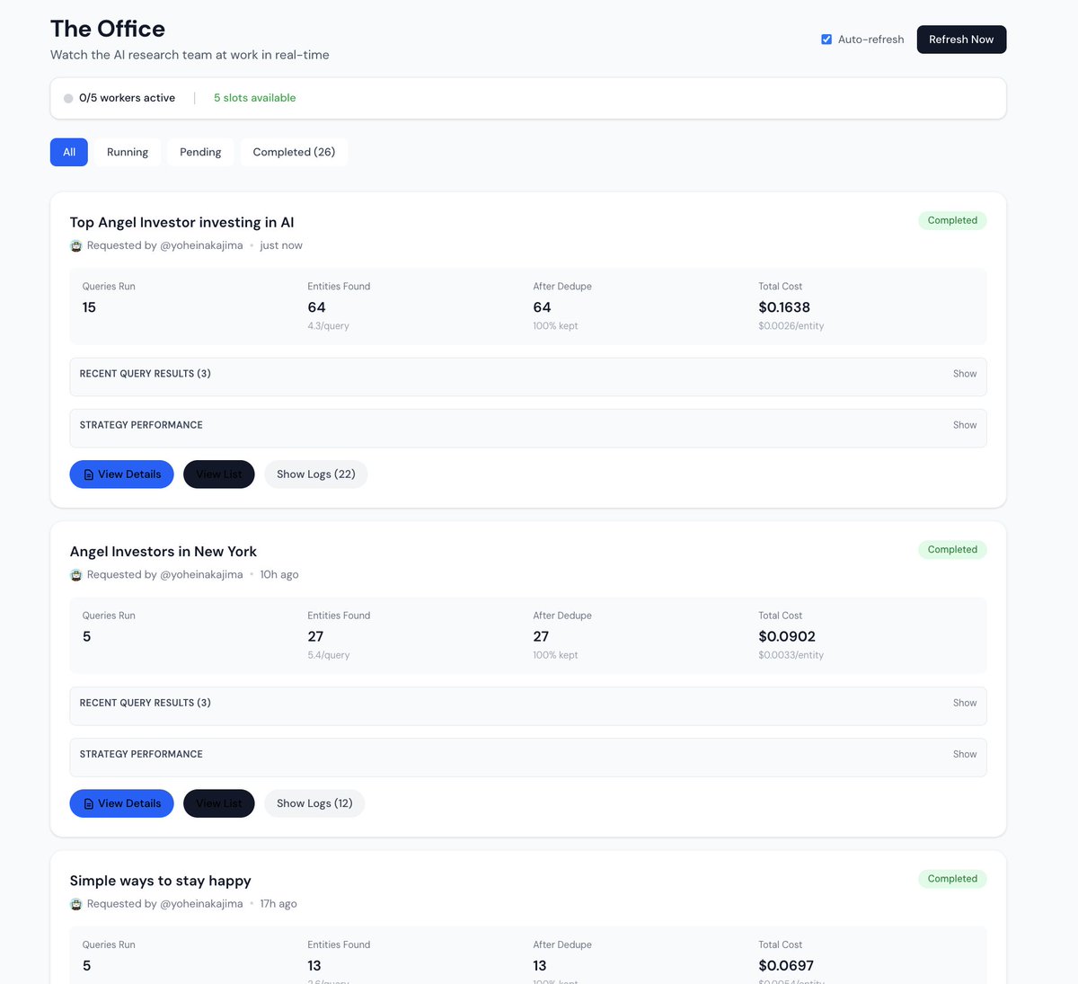 如果您的研究项目已排队,请到办公室查看目前正在进行的项目。(目前系统一次只能处理 5 个研究项目,处理速度较慢——这是为了控制成本。)