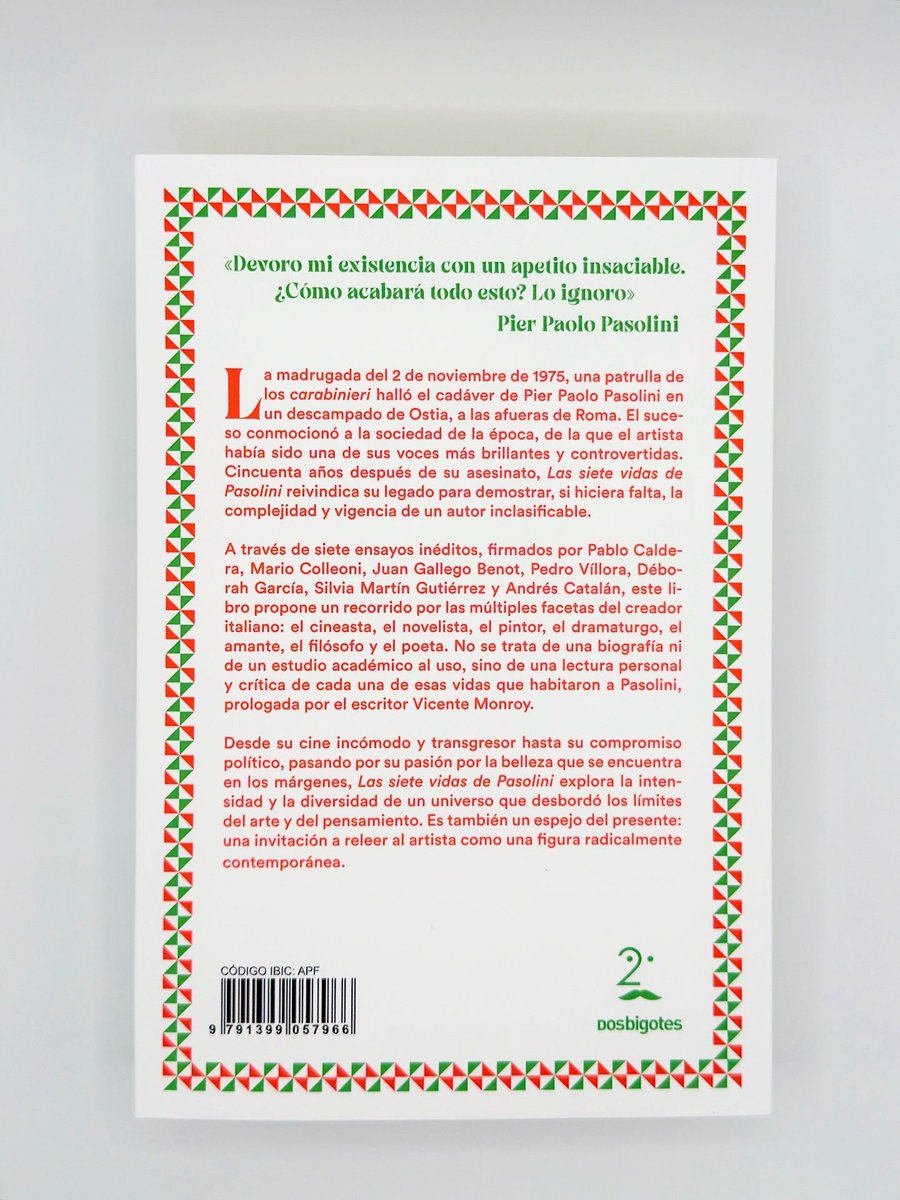 DosBigotesEdit's tweet image. Felices de que &apos;Las siete vidas de Pasolini&apos; ya esté llegando piano piano a las librerías. Un libro que nos ofrece una perspectiva global —y radicalmente contemporánea— de la obra y el pensamiento del artista italiano.