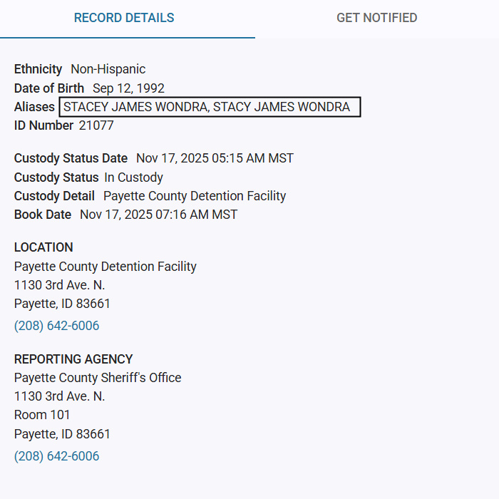 MattBlacInc's tweet photo. #Update #StaceyWondra has been transferred into the custody of Payette County Sheriff's Office &amp; is facing multiple charges in the Co. of #Payette #IDAHO incl. the 1st Degree murder of #MichaelVaughan.

He is being held Payette County Detention Facility. https://t.co/Lmzr1uskwf