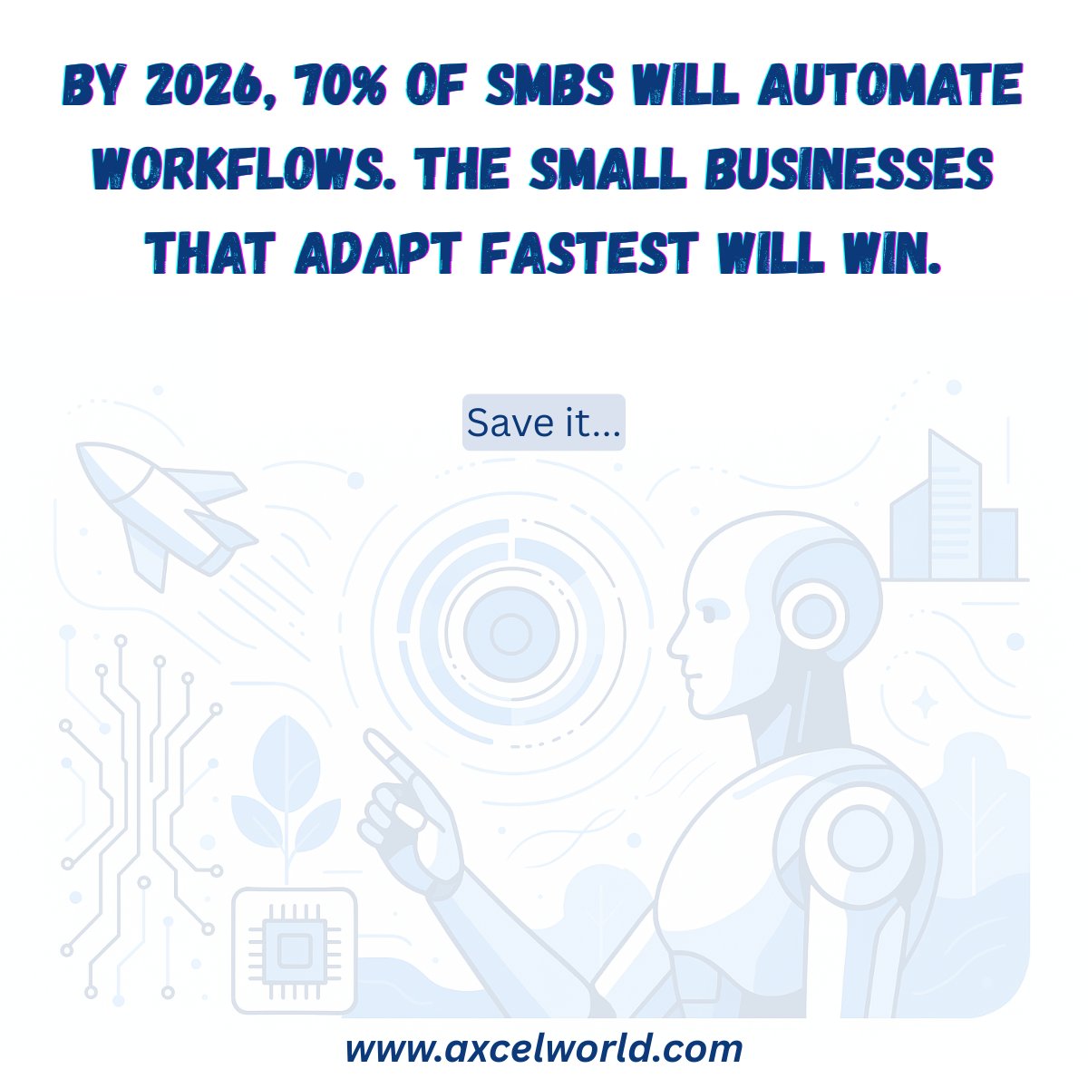 AxcelWorld's tweet image. By 2026, 70% of SMBs will automate workflows. The small businesses that adapt fastest will win.

Save this insight...!!!
.
.
.
#AxcelWorld #WebDevelopmentServices #WebDesigner #ITCompany #CEO