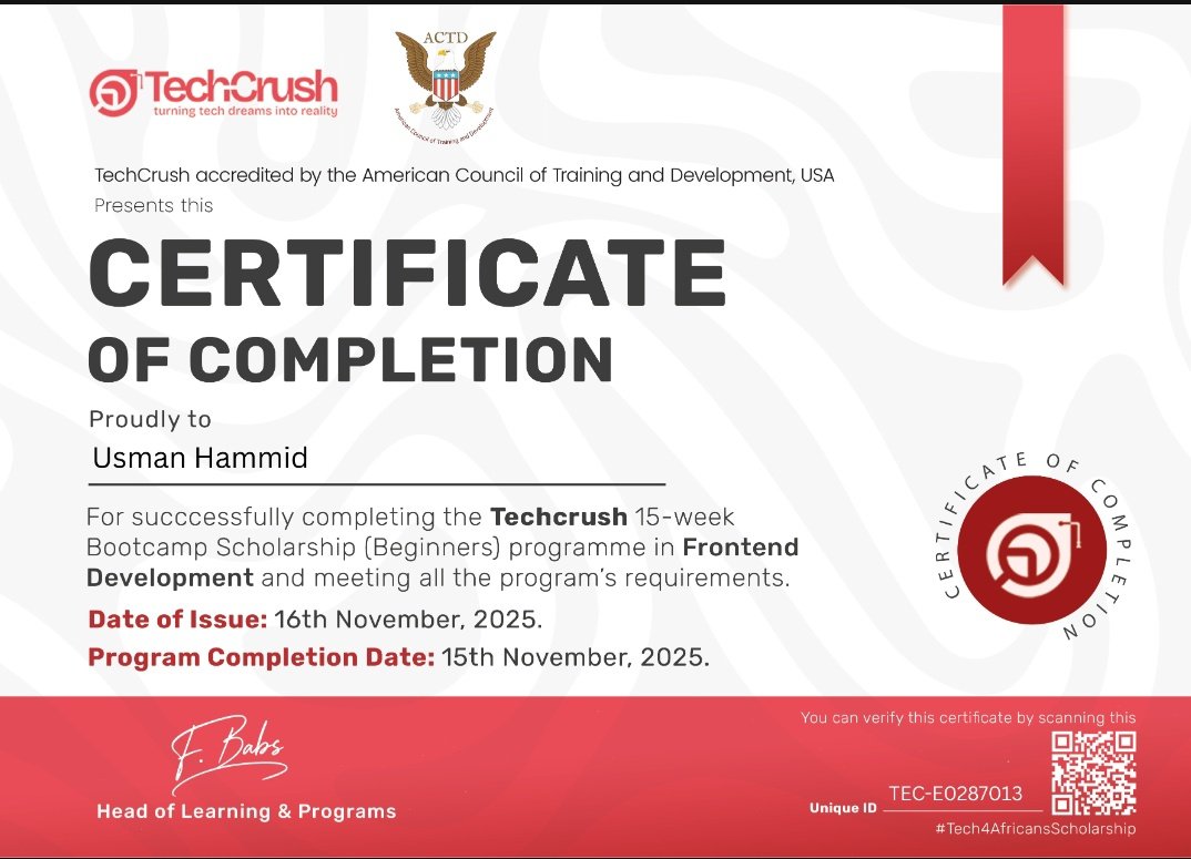 Amide__'s tweet image. Officially a TechCrush Frontend Dev

Graduate!

After 3 months of intense training + final project defense, I&apos;m ready for Frontend Developer internship opportunities.

- Usman Hammid
@TechCrushHQ
 #FrontendDeveloper #OpenToWork